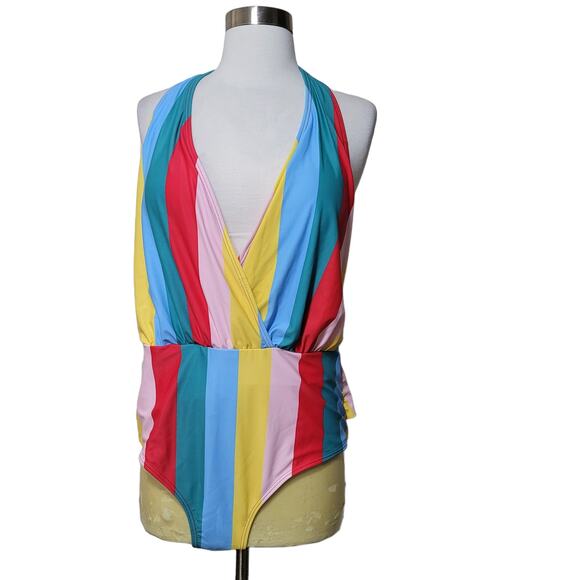 Shein Multicolor Lowcut One Piece Stripe Knot Swimsuit Adjustable Size 16 - Picture 2 of 8